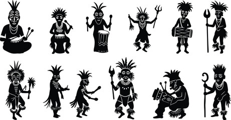 Silhouettes of tribal dancers and drummers, traditional costumes, African culture, ritual dance, ceremonial masks, ethnic music, cultural heritage, indigenous people.