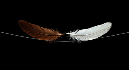 Two feathers, brown and white, suspended on a thin line against a black background.