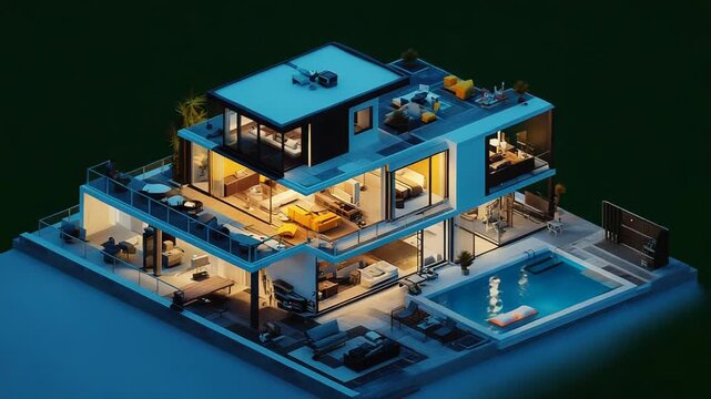 Modern house section revealing interior design and furniture