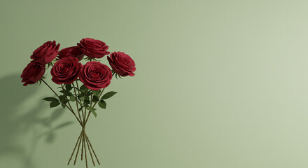 A bouquet of dark red roses against a muted green background casts a subtle shadow.