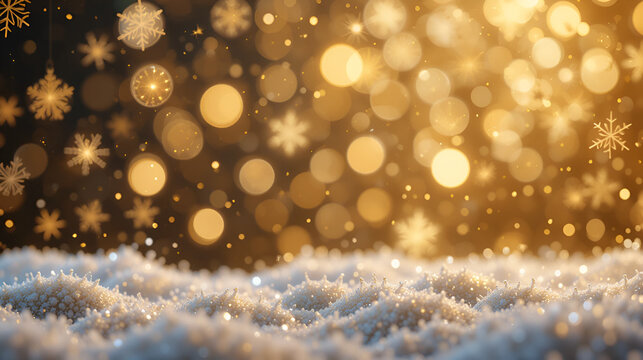 toy Christmas gold snowflakes covered with sparkles in the air glisten in the light with shallow depth of field giving a lot of bokeh effects. Christmas festive blank. 3d render - Powered by Adobe