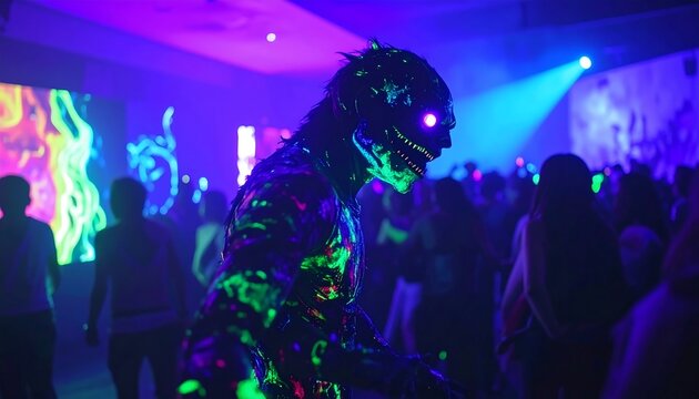 A vibrant, fluorescently-lit party scene