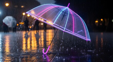 Neon umbrella illuminates rainy night cityscape