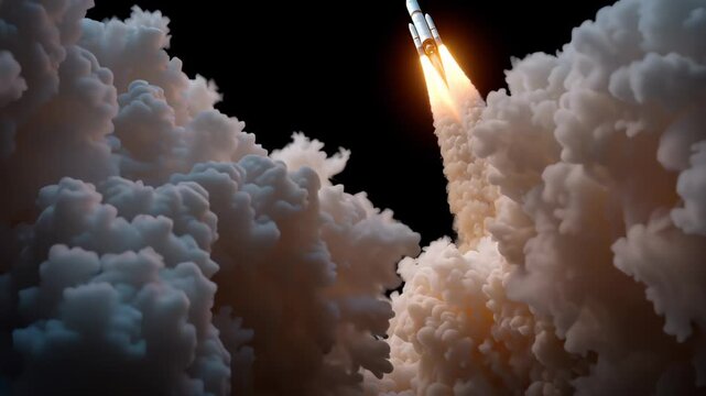 Powerful multi-stage rocket ascending through atmospheric layers, generating intense white exhaust plumes against dark sky during initial vertical launch sequence.