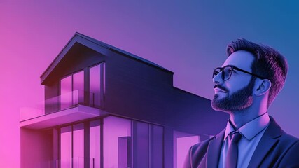 Real estate agent planning near modern house with duotone filter