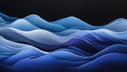 Fototapeta premium Blue waves on a black background, with light blue and dark navy hues, soft edges and blurred details, flowing lines, dark purple and indigo, layered forms, dark sky-blue and deep white.