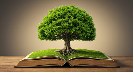 Lush green tree sprouting from an open book, symbolizing knowledge and nature's growth.