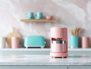 Pastel kitchen scene. A retroinspired pink coffee maker stands on a marble counter. Soft, blurred background creates a calm, modern aesthetic. Ideal for lifestyle  design.