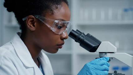 Scientist in lab coat  gloves peers into microscope lab setting - Powered by Adobe
