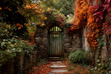 Rustic Old Garden Gate Surrounded by Vivid Autumn Foliage in Warm Light