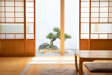 A tranquil japanese room with shoji screens reveals a bonsai tree, embodying peace and harmony