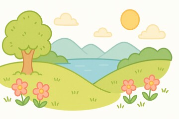 Fototapeta premium cartoon landscape with charming elements. A cartoon illustration featuring rolling green hills, blossoming flowers, and a shining sun. The scene invites joy