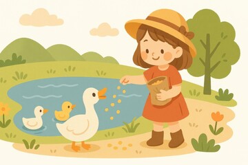 Obraz premium A cheerful young girl feeding ducks at the pond