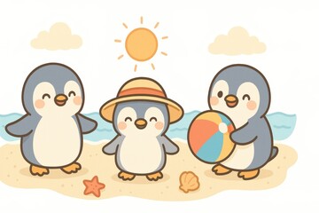 Fototapeta premium three adorable penguins enjoying a sunny day at the beach, smiling with joy and playing together happily. One of the penguins wearing a cute hat and another holding a ball.
