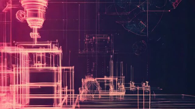 Futuristic industrial engineering project showing wireframe and data analysis