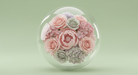 A delicate bouquet of pastel-colored flowers encased within a transparent glass sphere, set against a soft green backdrop.
