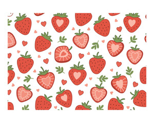 Vibrant seamless pattern of fresh red strawberries and green leaves on a white background