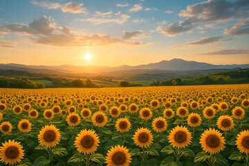 Obraz premium A breathtaking shot of a vast sunflower field at sunset, with rolling hills and distant mountains under a warm sky.