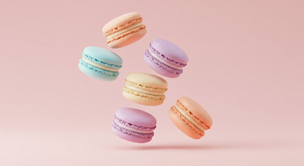 Several colorful macarons are floating in mid-air against a light pink background in a visually appealing arrangement.