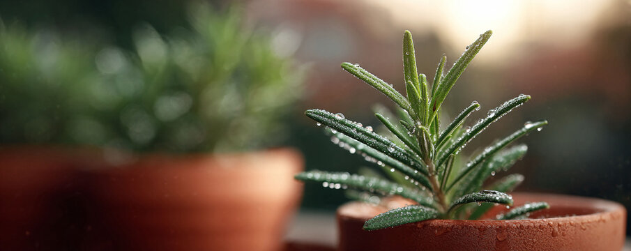 Fototapeta Closeup of a small rosemary plant in a terracotta pot, glistening with dew. A simple yet elegant image that evokes themes of freshness, growth, and natural wellness.