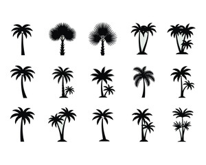 Collection of diverse black silhouette palm tree illustrations on a white background for tropical design