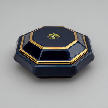 Elegant octagonal dark blue jewelry box with gold trim and emblem