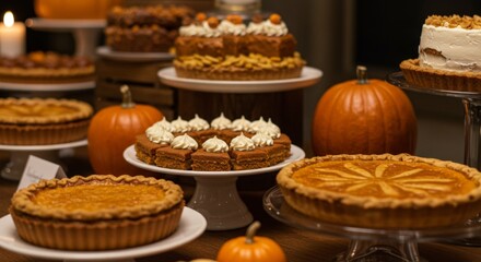 Fototapeta premium Pumpkin pies and cakes on festive autumn table