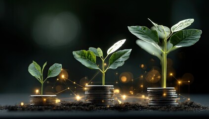 Investment growth.  Small plants sprout from stacked coins