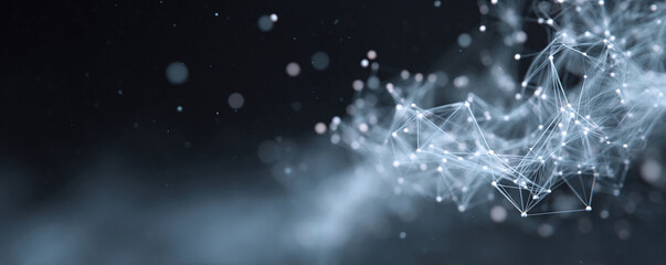 Abstract network of connected dots and lines against a dark backdrop. Concept for technology, science, communication, or artificial intelligence. Use for banners and backgrounds.