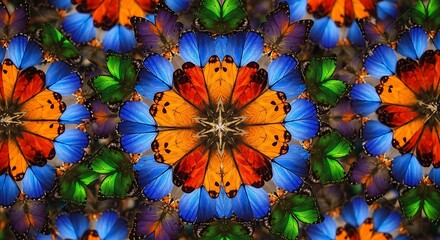 Kaleidoscopic butterfly wings create an intricate floral pattern with vivid colors and symmetrical design forming an