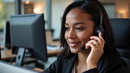 Friendly African American Tech Support Specialist Ready to Assist Clients with a Smile on a Headset in a Modern Call Center. 4k video footage