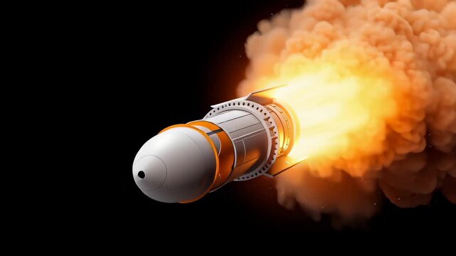Dramatic rocket launch revealing powerful propulsion system with intense yellow-orange exhaust against stark black background. Detailed engineering showcasing explosive thrust