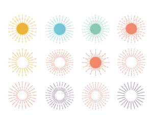 Collection of twelve abstract sunburst burst starburst explosion graphic design elements with colorful circles