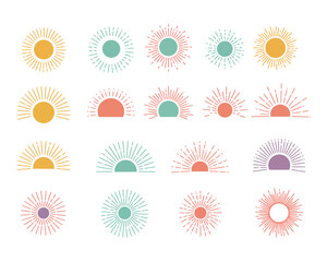 Collection of abstract colorful geometric sunburst and radial burst graphic design elements
