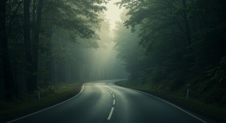 Mystical Journey, Serene Forest Road with Enigmatic Fog Embracing Nature