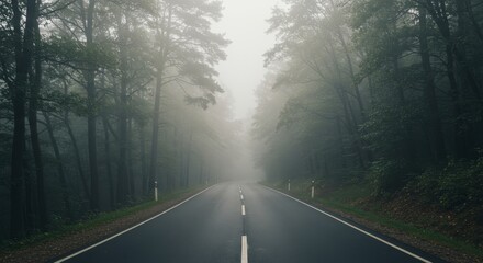 Eerie Morning Drive, A Misty Road Through Dense Woodland Scenery