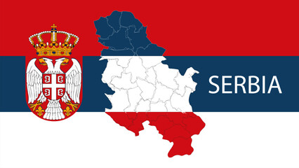 Vector illustration of the Serbian flag within the borders of the Serbian map and state symbols, coat of arms of the country
