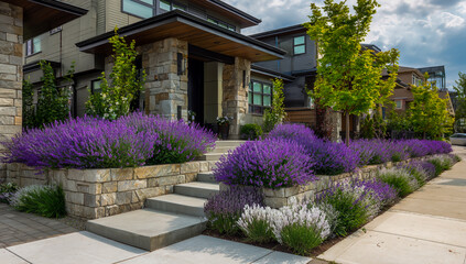 Naklejka premium Modern stone house exterior with lush purple lavender flower beds and green trees