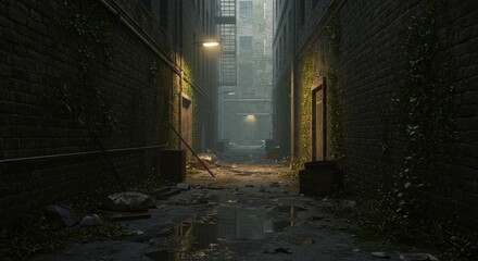 Fototapeta premium Dramatic urban alleyway with overgrown vegetation and moody atmosphere