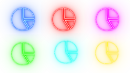 Six colorful glowing neon pie chart icons representing data analysis and financial statistics isolated on transparent background