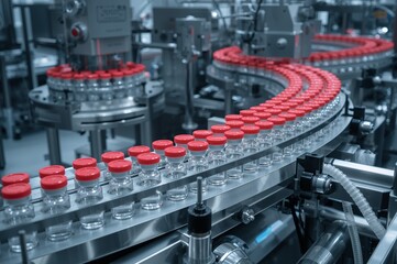 Obraz premium Modern Medical Manufacturing: Vials Moving on a Production Line