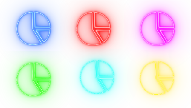 Six colorful glowing neon pie chart icons representing data analysis and financial statistics isolated on transparent background