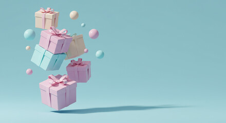 Pastel-colored gift boxes and floating spheres against a soft blue backdrop, creating a whimsical composition.
