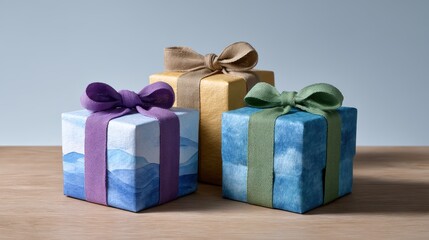 Obraz premium Gift-Wrapped Delights: Captivating assortment of exquisitely wrapped gift boxes with elegant bows, arranged to create a visual feast of color and texture, evoking excitement for special occasions.