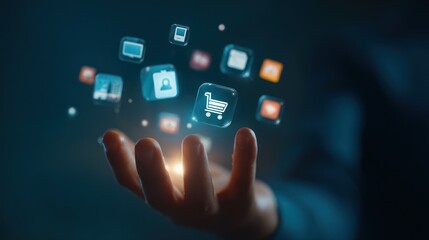 Digital Shopping Cart Icon Hovering Over Hand with Floating App Icons in Dark Background