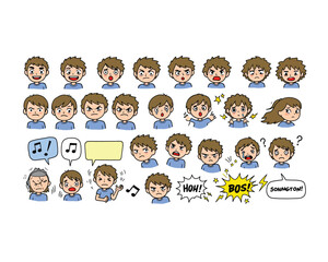 Collection of cartoon boy faces showing various emotions and expressions with soccer elements
