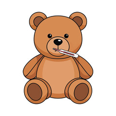 A cartoon teddy bear with a thermometer in its mouth, looking unwell.