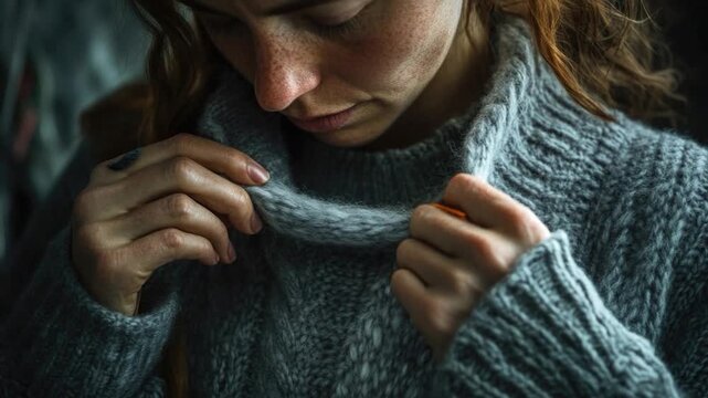 A woman in a gray sweater is tying the strings together