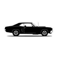 A black silhouette of a classic American muscle car from the 1960s, viewed from the side.