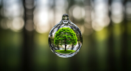 A tree is encapsulated within a water droplet, reflecting nature and environmental concepts against a blurred background.